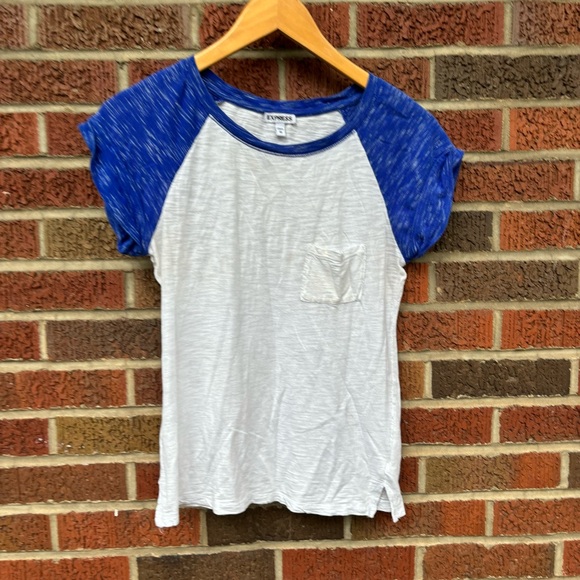 Express White and Blue Marled Baseball Tee Short Sleeve Ringer Tee Shirt - Picture 2 of 5